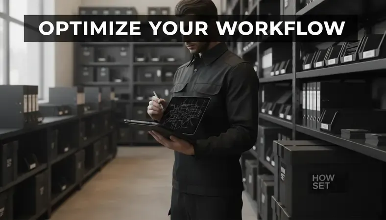 Professional warehouse worker using tablet to scan inventory items with organized shelving in background