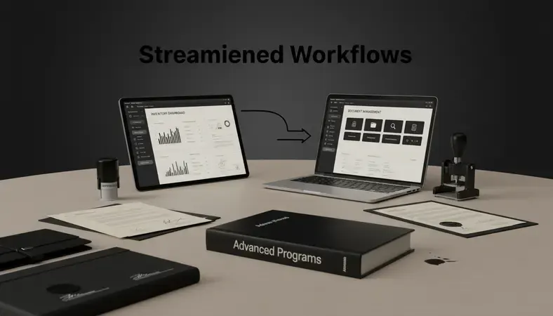 Split screen showing inventory dashboard on left and document management interface on right with connecting arrows