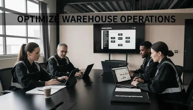 Team of warehouse workers and managers reviewing inventory management software on tablets and computers during training session