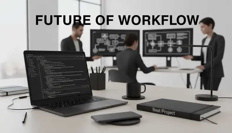 Modern office workspace with multiple team members collaborating on project management dashboard displays