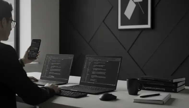 Business team evaluating different project management software options on laptops