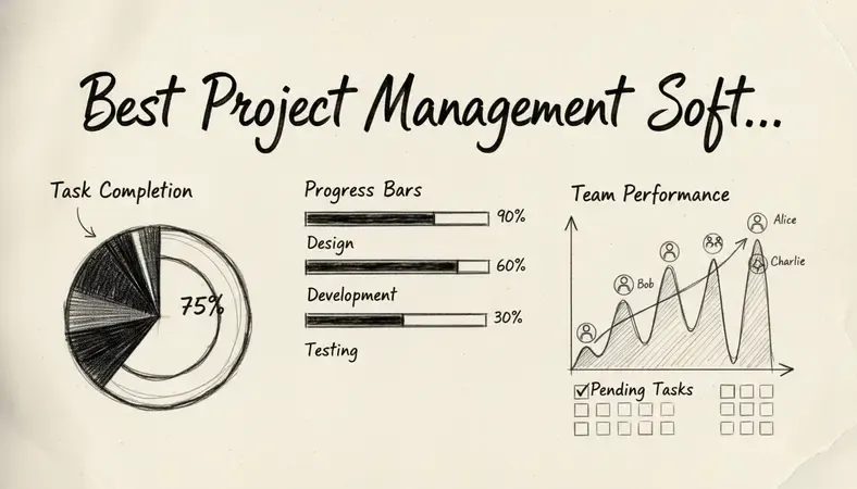 Comprehensive project management dashboard showing charts, progress bars, and team performance metrics