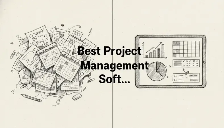 Split screen showing chaotic paper-based project management on left versus organized digital dashboard on right