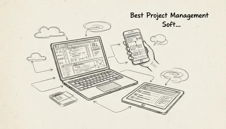 Collection of project management software interfaces displayed on various devices including desktop, tablet, and mobile