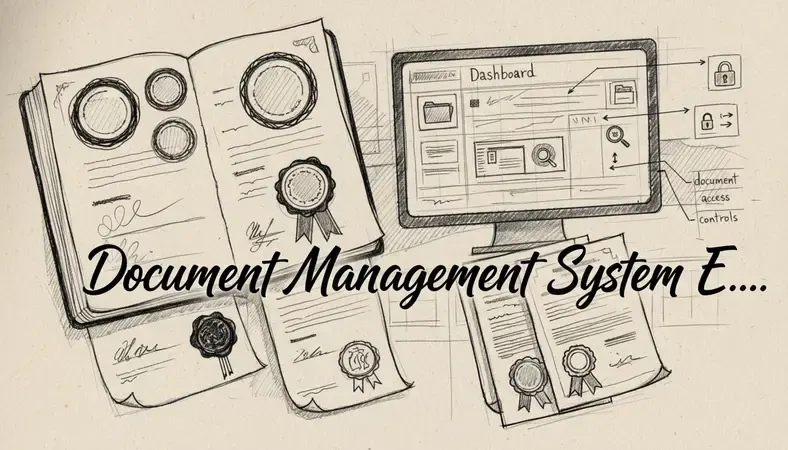 Dashboard view of a document management system showing organized folders, search functionality, and document access controls in a modern office setting
