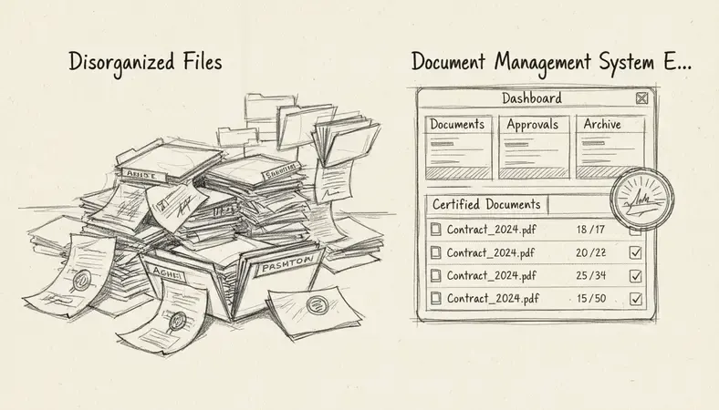 Side-by-side comparison showing disorganized paper files and scattered digital folders on the left versus a clean, organized document management system interface on the right