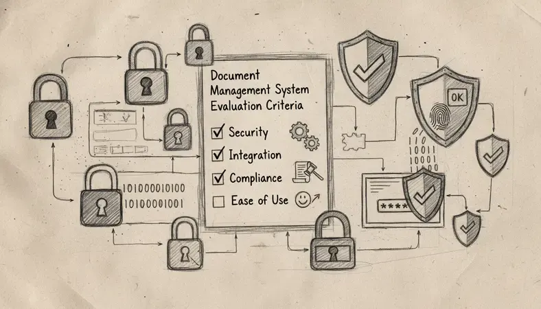 Checklist graphic showing key evaluation criteria for choosing a document management system, including security, integration, compliance, and ease of use