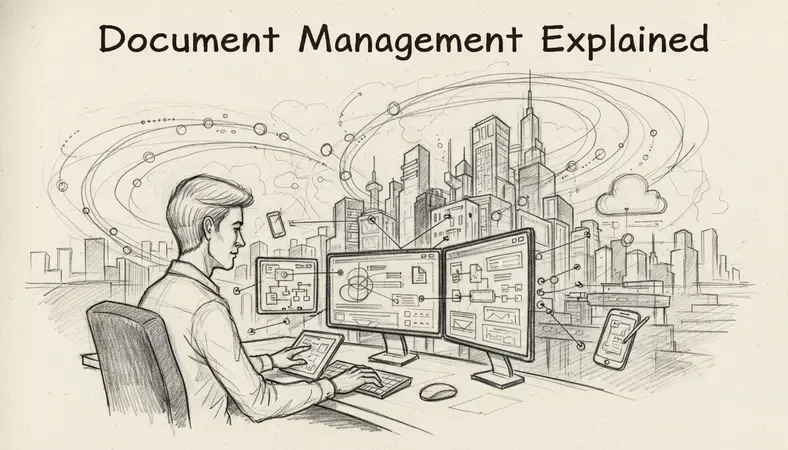 Business professional organizing digital documents on a modern workstation with multiple screens showing a document management interface