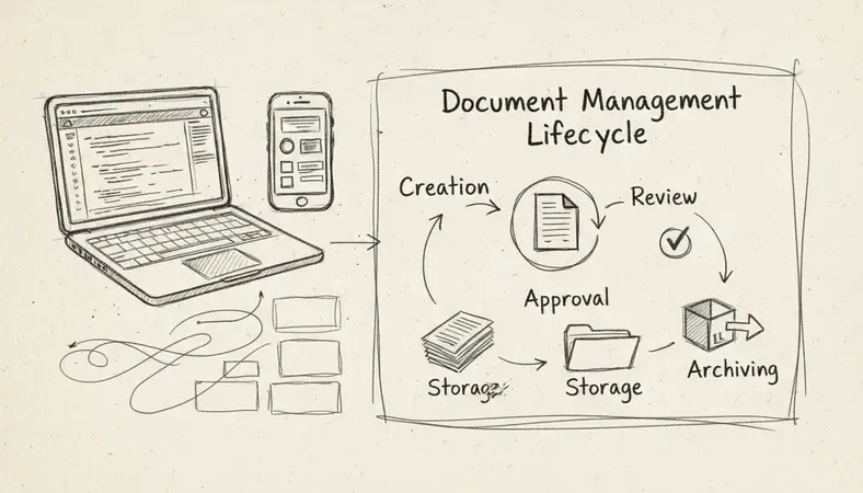 Diagram showing the document lifecycle from creation through review, approval, storage, and archiving within a document management system