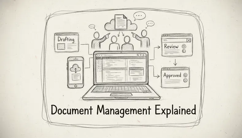 Team collaborating on documents using a cloud-based document management platform with visible workflow and approval status indicators
