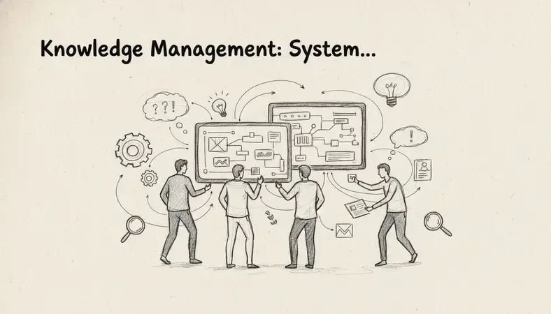 Team collaborating around a digital knowledge management dashboard on multiple screens