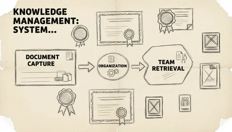 Diagram showing knowledge flowing from document capture through organization to team retrieval in a DMS