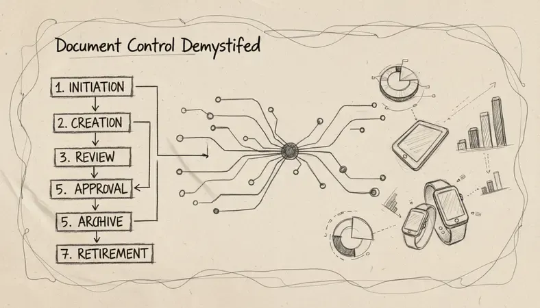 Flowchart illustrating the seven stages of a document control workflow from initiation to retirement