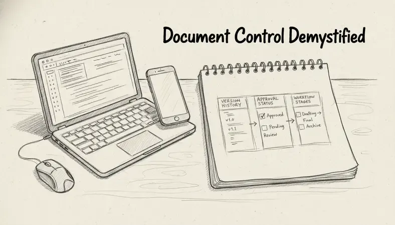 Screenshot-style illustration of a document control software dashboard showing version history, approval status, and workflow stages