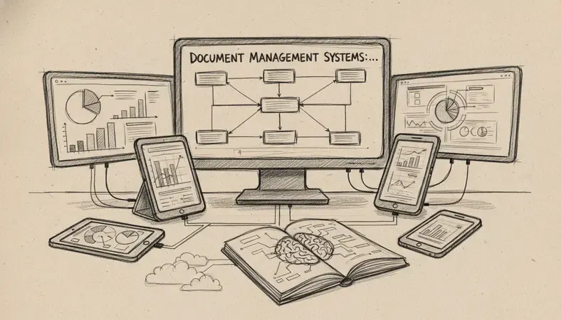 A professional office workspace showing organized digital document management on multiple screens with a clean, modern interface