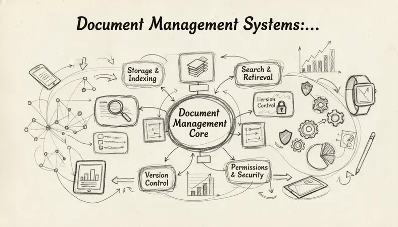 A diagram showing the core feature layers of a document management system including storage, search, version control, permissions, and workflow automation