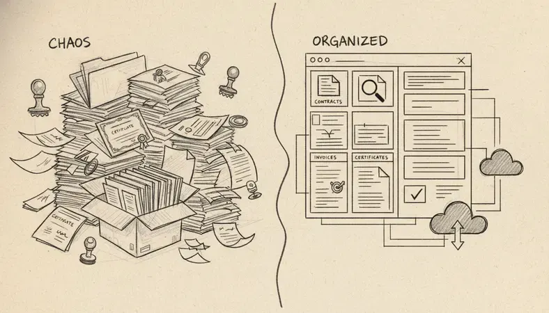 A split-screen illustration comparing a chaotic paper filing system on the left with a clean, organized digital document management dashboard on the right