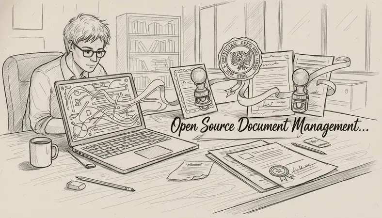 IT professional reviewing open source document management system options on a laptop in a modern office environment