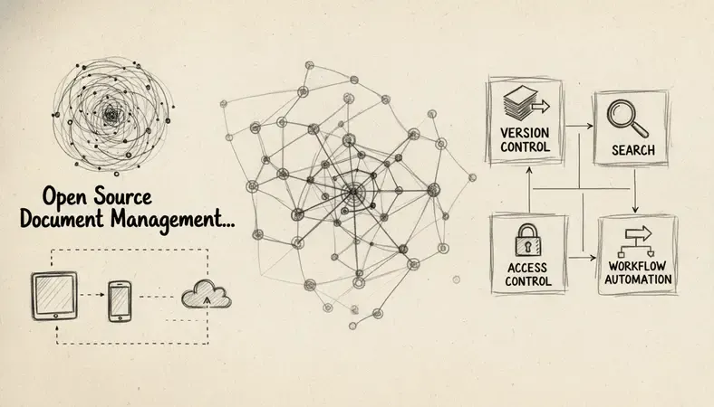 Diagram showing core features of an open source document management system including version control, search, access control, and workflow automation