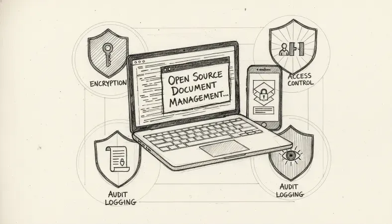 Visual representation of security layers in an open source document management system including encryption, access control, and audit logging