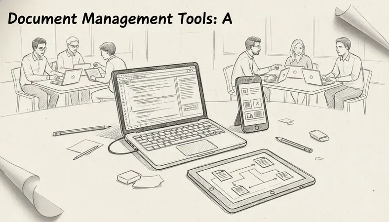Professional team using document management software on laptops in a modern office environment