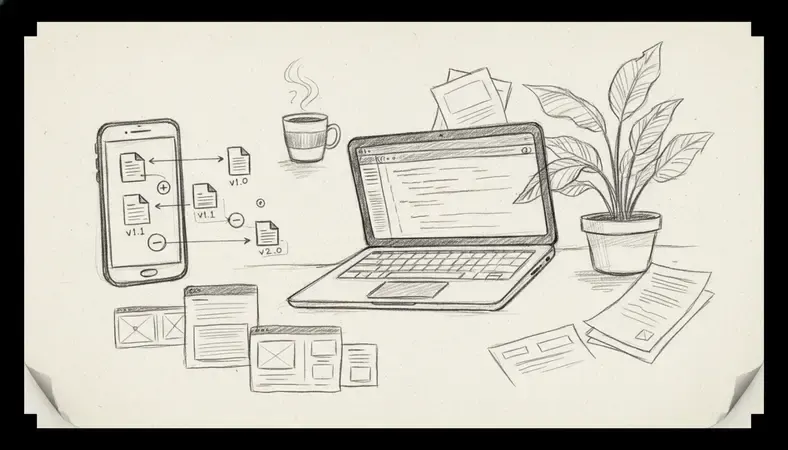Screenshot-style illustration showing document version control timeline with multiple file revisions and user annotations
