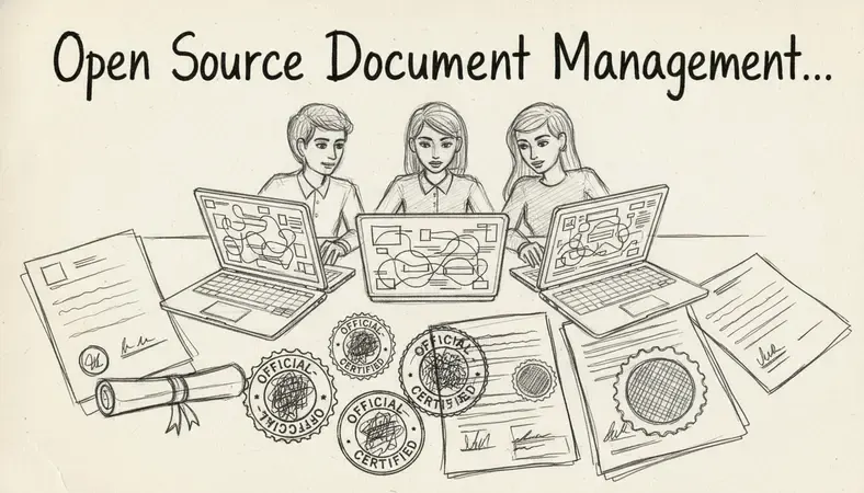 A professional team reviewing documents on computers with a digital document management interface displayed on screen