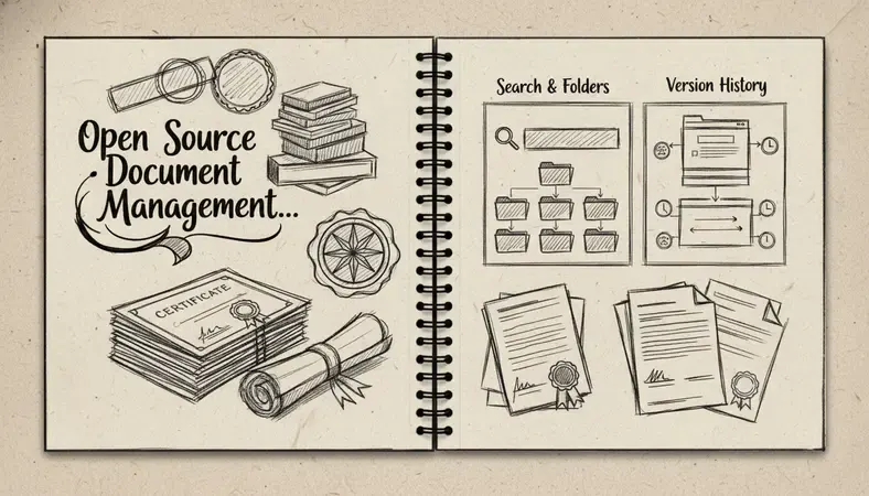 Side-by-side comparison of open source document management system interfaces showing search, folder structure, and version history panels