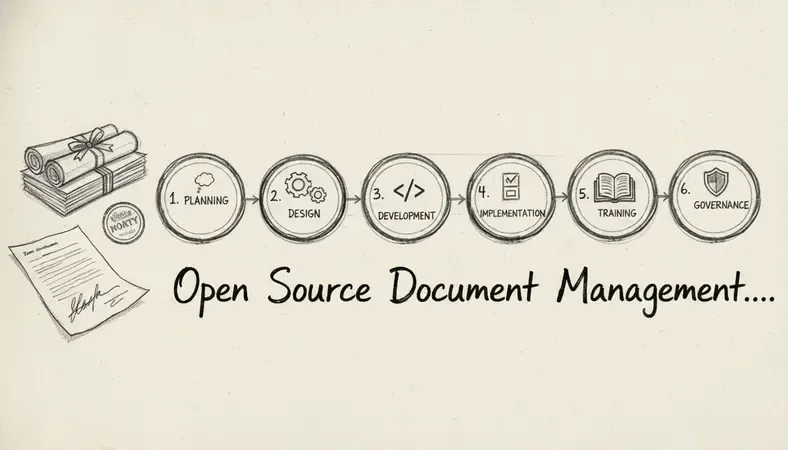 Step-by-step diagram showing the six phases of implementing an open source document management system from planning through governance