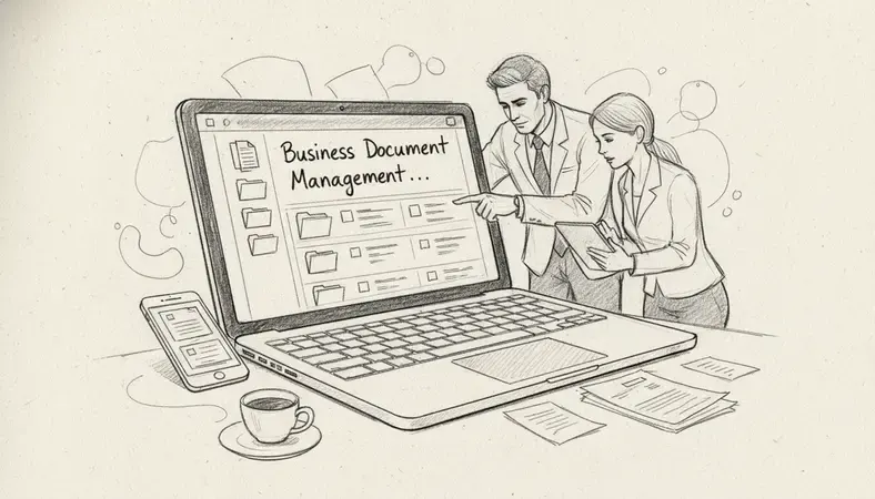 Professional office team reviewing documents on a digital document management dashboard with organized folder structures visible on screen