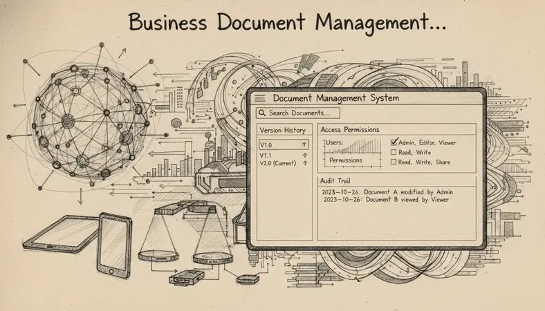 Screenshot-style illustration showing key DMS features including version control panel, search interface, access permissions settings, and audit trail log