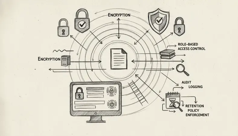 Diagram showing document security layers including encryption, role-based access control, audit logging, and retention policy enforcement