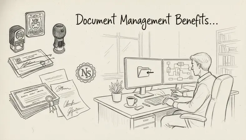 A professional office environment showing a person organizing digital documents on a dual-monitor workstation, representing modern document management