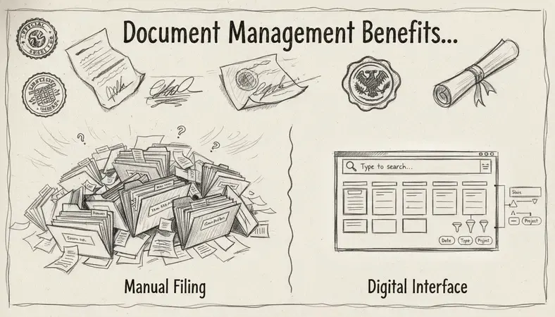 A side-by-side diagram comparing a chaotic manual filing system with color-coded folders versus a clean digital document management interface with search and filter options