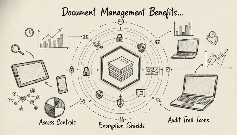 A visual representation of document security layers including access controls, encryption shields, and audit trail icons surrounding a central document repository