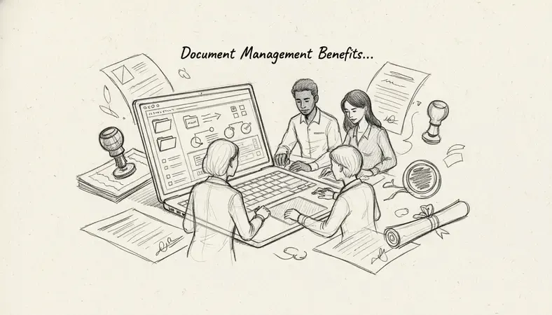 A modern team collaborating around a laptop displaying a document management dashboard, showing real-time document access and workflow status indicators