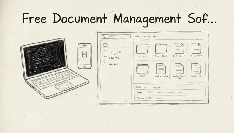 Screenshot of a free document management software dashboard showing folder hierarchy, search bar, and document metadata panel