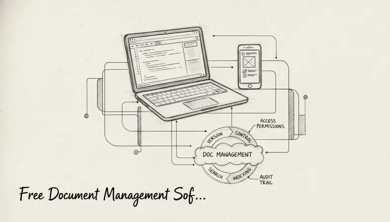 Diagram showing key document management software features including version control, access permissions, search indexing, and audit trail